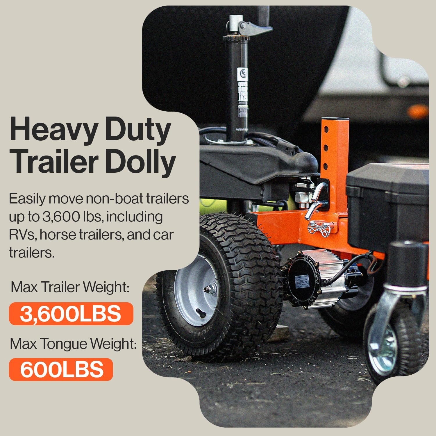 SuperHandy Electric Trailer Dolly 3600LBS Max Trailer Weight 600LB Max Tongue Weight DC 24V 800W 7Ah w/Heavy Duty Commercial 2" Ball Hitch Mount
