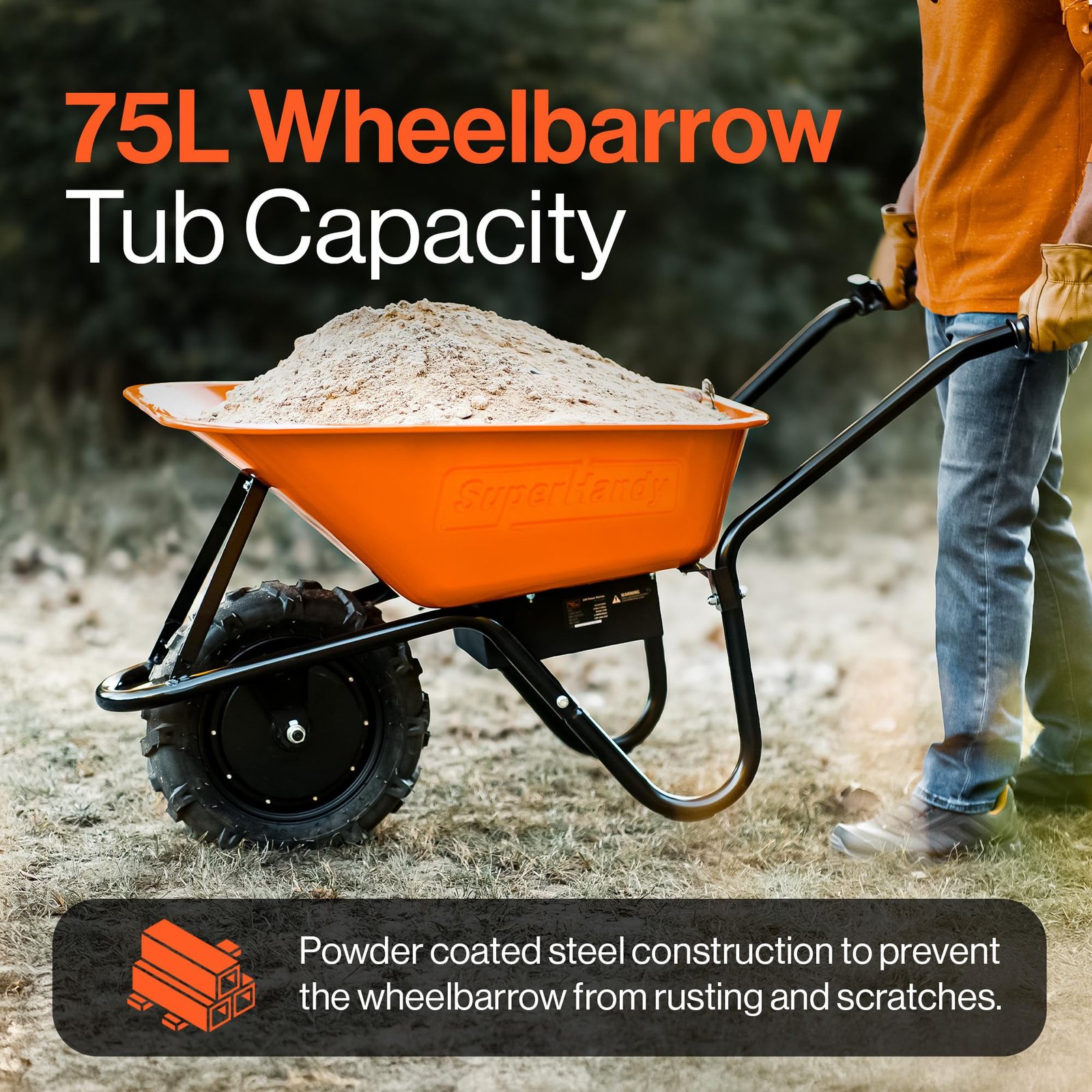 SuperHandy Cordless Electric Wheelbarrow Utility Cart, 48V 2Ah Battery Powered, 75L Steel Tub, 150kg Load Capacity Garden Trolley, Material & Debris Hauler